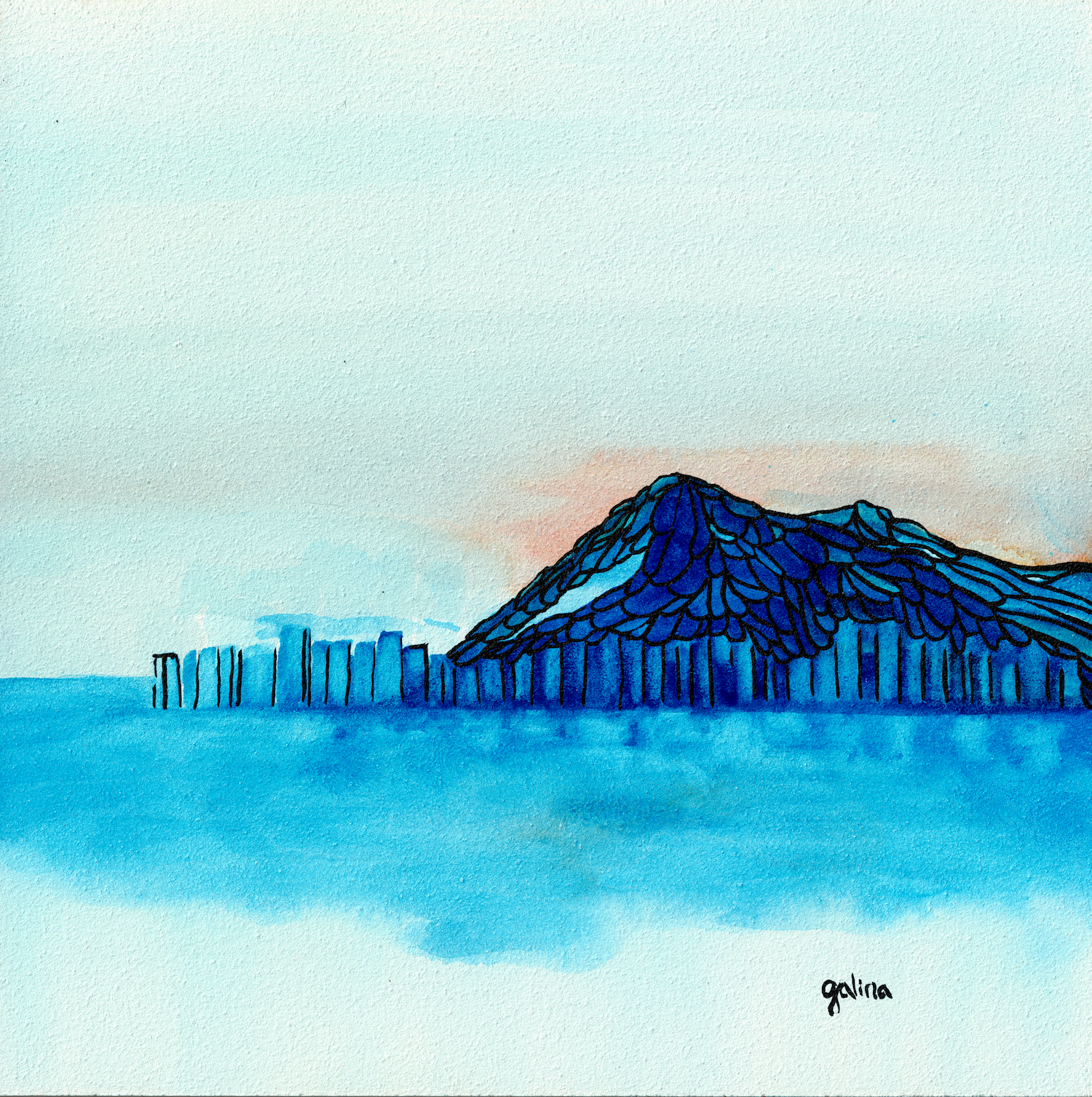 Hong Kong Skyline painting in blue and ink