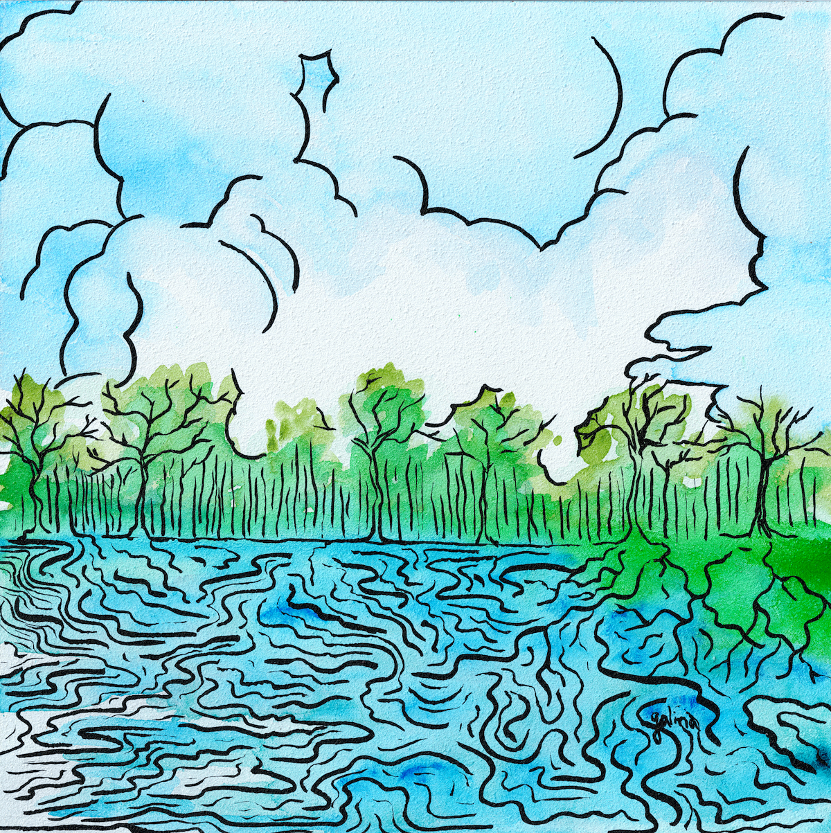 abstract florida landscape in blue and ink