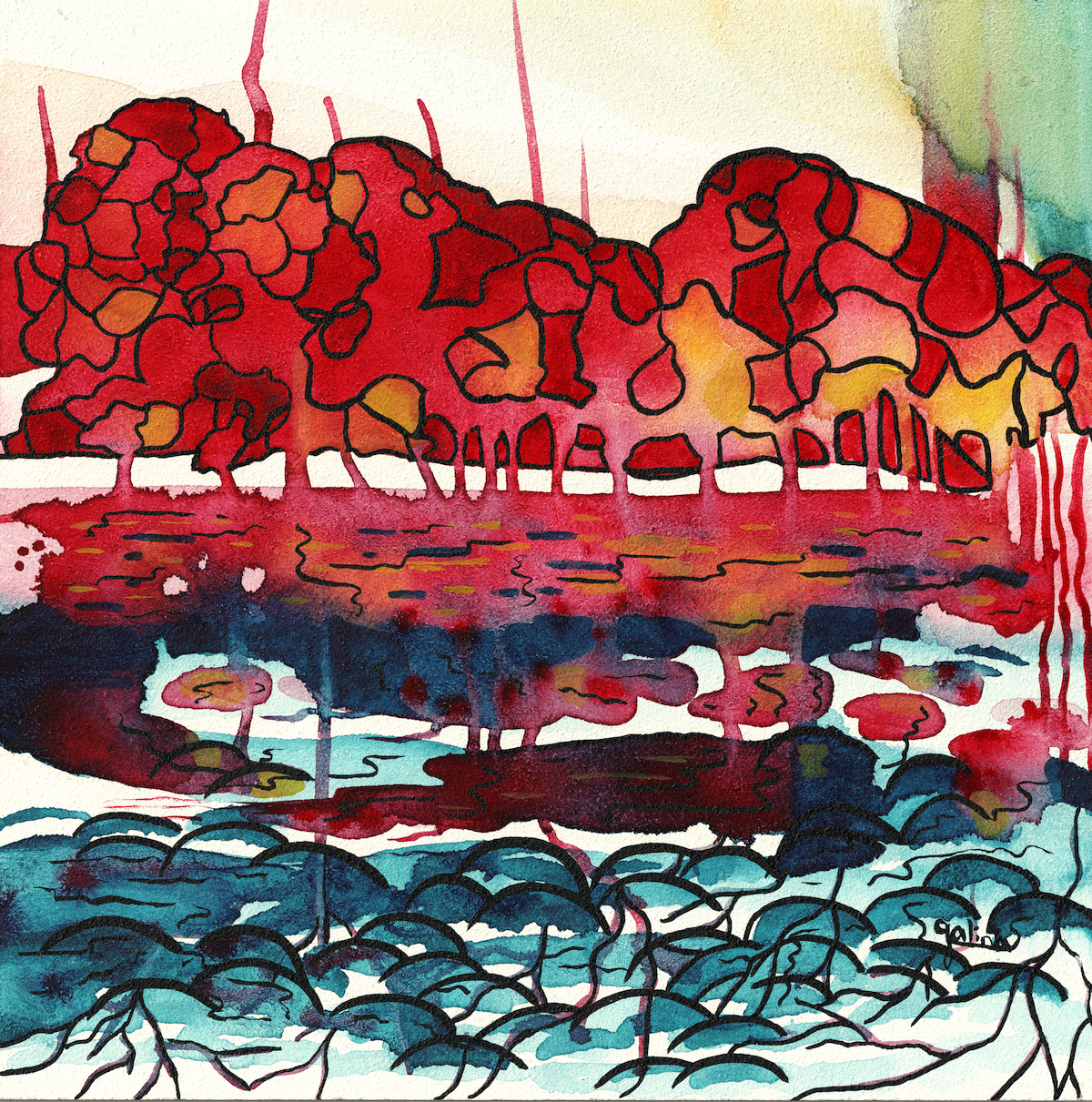 abstract fl landscape in red and ink