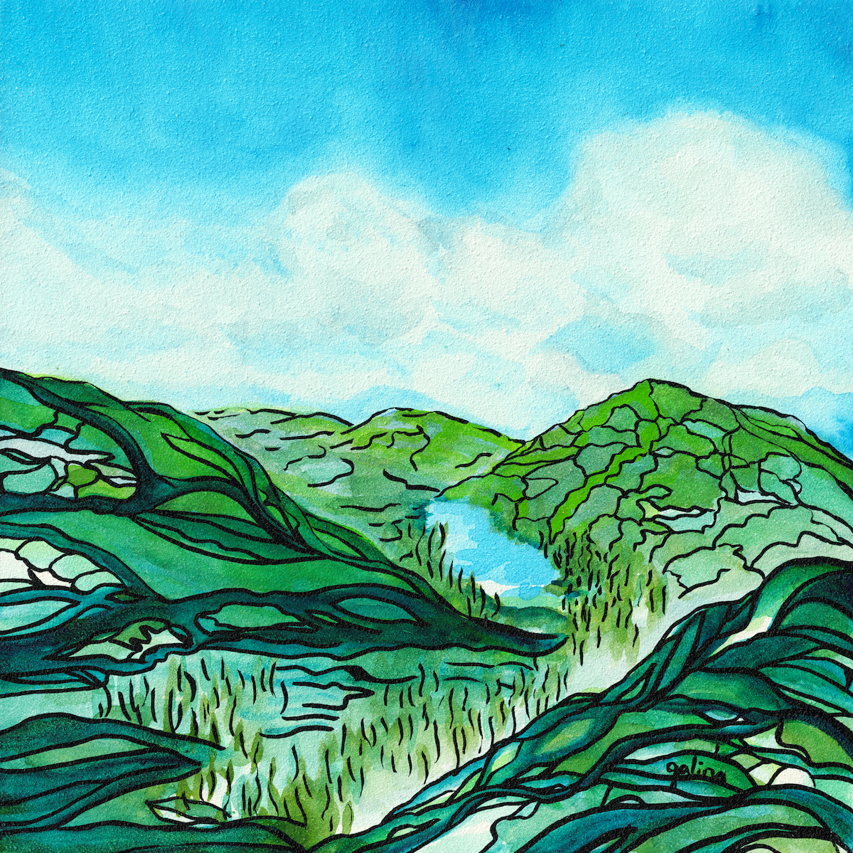 Green and blue painting of scotland landscape