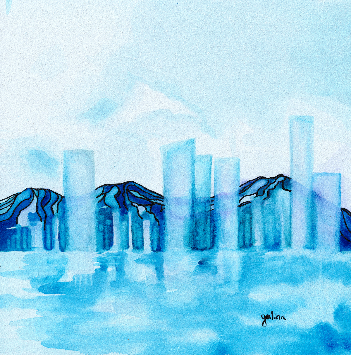 hong kong harbor painting in blue watercolor and ink